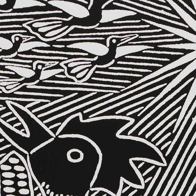 Alternate image for Signed Handcrafted Rooster Woodcut Print in Black and White Rooster Crow