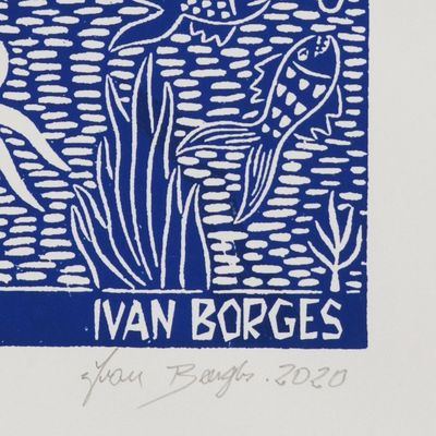 Alternate image for Fisherman and Boat Blue and White Brazilian Woodcut Print The Fisherman