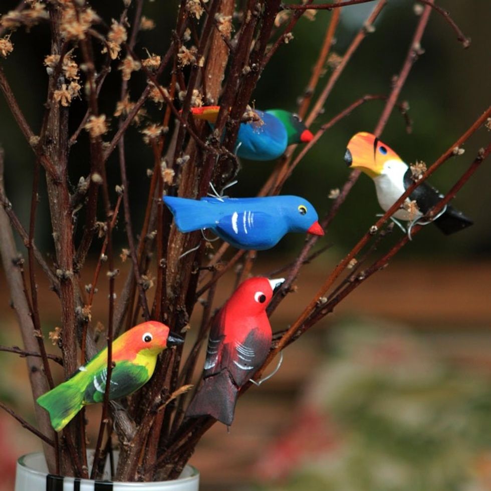 Set of 5 Brazilian Bird Ornaments for Display 'Birds in My Garden'