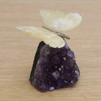 Alternate image for Gemstone Butterfly Sculpture in Honey Calcite and Amethyst Honeyed Butterfly