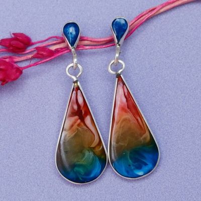 Alternate image for Handmade 950 Silver  Resin Drop-Shaped Dangle Earrings Colorful Drop