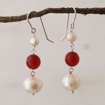Alternate image for White Cultured Pearl and Carnelian Earrings from Brazil Fire in the Clouds