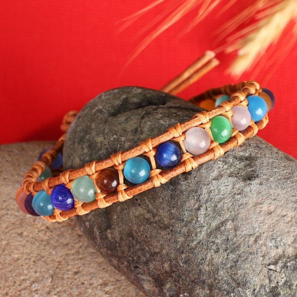 Multicolor Agate Beaded Bracelet with Brown Leather Accents 'Summery Colors'