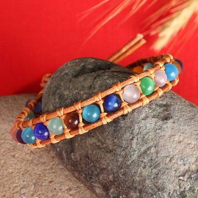Alternate image for Multicolor Agate Beaded Bracelet with Brown Leather Accents Summery Colors