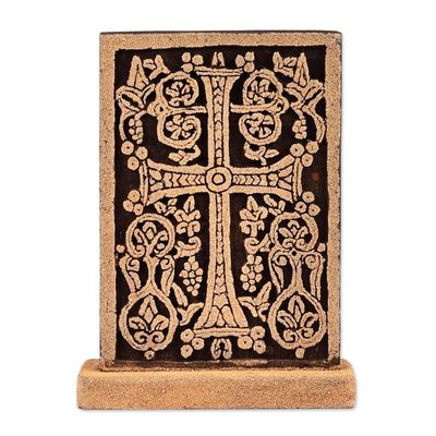 Alternate image for Handmade Traditional Leafy Cross Tuff Stone Stela Sculpture The Kingdoms Faith