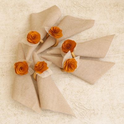 Alternate image for 6 Wood and Natural Fiber Tropicana Floral Napkin Rings Sunset Roses