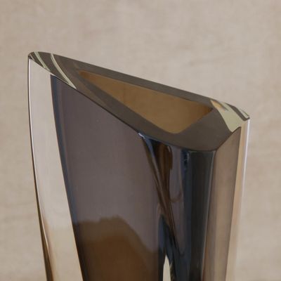Alternate image for Triangular Art Glass Vase from Brazil 15 Inch Smoky Triangle