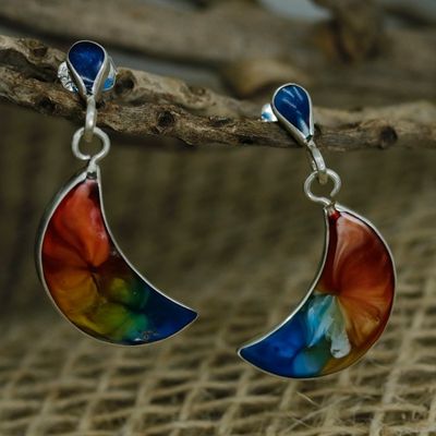 Alternate image for Handmade 950 Silver  Resin Crescent Moon Dangle Earrings Breathtaking Crescent