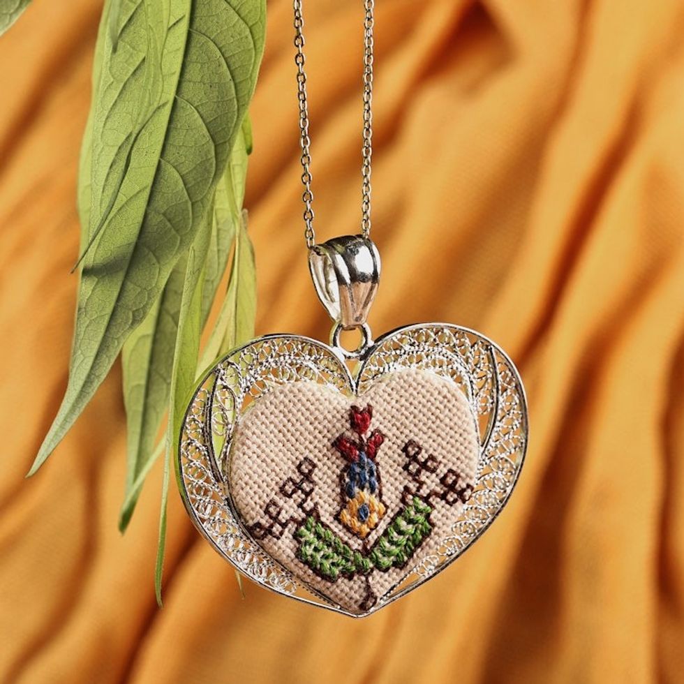 Embroidered Floral Heart-Shaped Filigree Pendant Necklace 'Romance in Armenia'