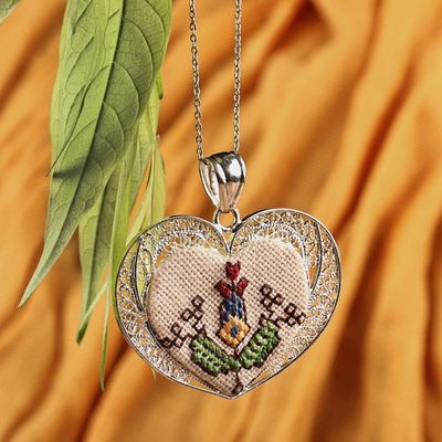 Alternate image for Embroidered Floral Heart-Shaped Filigree Pendant Necklace Romance in Armenia