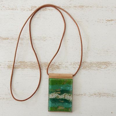 Alternate image for Green Glass and Leather Pendant Necklace from Brazil Forest Layers
