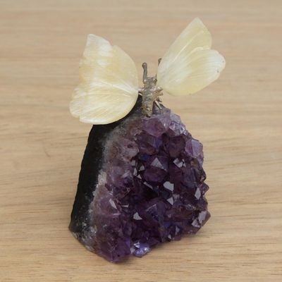 Alternate image for Gemstone Butterfly Sculpture in Honey Calcite and Amethyst Honeyed Butterfly