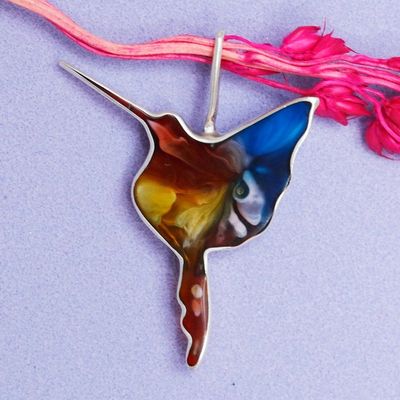 Alternate image for Abstract Vibrant Hummingbird-Shaped Silver and Resin Pendant Oneiric Harmony