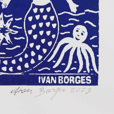 Alternate image for Tropical Signed Unstretched Blue and White Woodcut Print Sea Mermaid