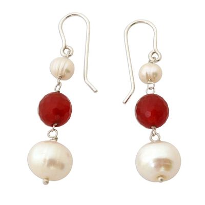 Alternate image for White Cultured Pearl and Carnelian Earrings from Brazil Fire in the Clouds
