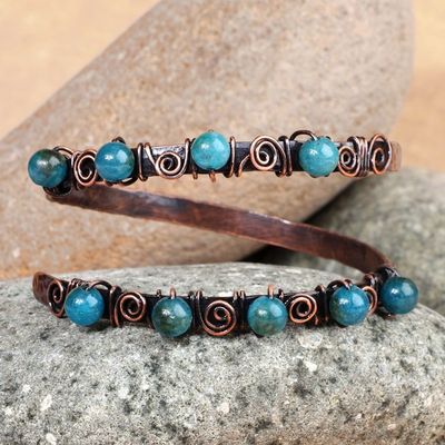Alternate image for Antique Armenian Copper Wrap Bracelet with Teal Agate Beads Infinite Teal