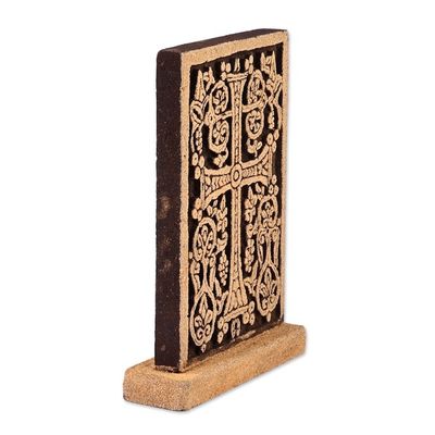 Alternate image for Handmade Traditional Leafy Cross Tuff Stone Stela Sculpture The Kingdoms Faith