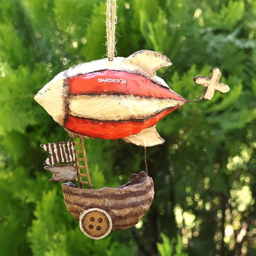 Hand-Painted Papier Mache Ornament of Travelling Zeppelin 'Aerial Voyages'