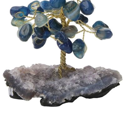 Alternate image for Blue Agate Gemstone Tree with an Amethyst Base from Brazil Cool Calm