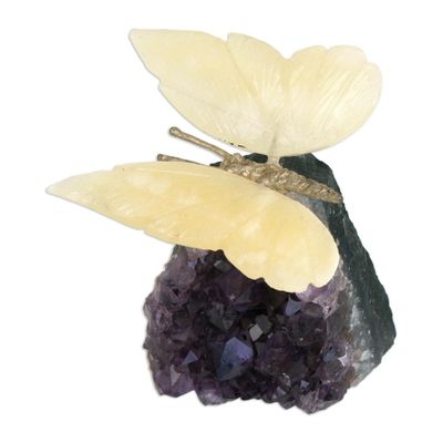 Alternate image for Gemstone Butterfly Sculpture in Honey Calcite and Amethyst Honeyed Butterfly
