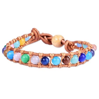 Alternate image for Multicolor Agate Beaded Bracelet with Brown Leather Accents Summery Colors