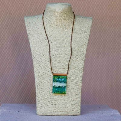 Alternate image for Green Glass and Leather Pendant Necklace from Brazil Forest Layers