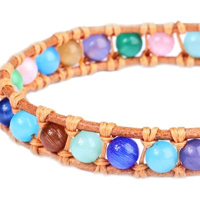 Alternate image for Multicolor Agate Beaded Bracelet with Brown Leather Accents Summery Colors