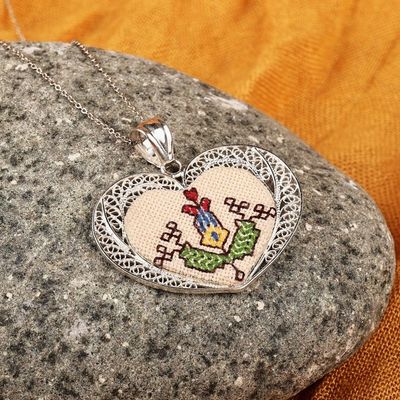 Alternate image for Embroidered Floral Heart-Shaped Filigree Pendant Necklace Romance in Armenia