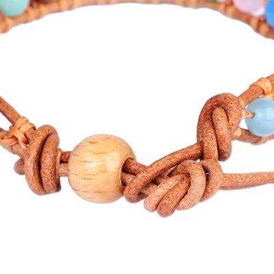 Alternate image for Multicolor Agate Beaded Bracelet with Brown Leather Accents Summery Colors
