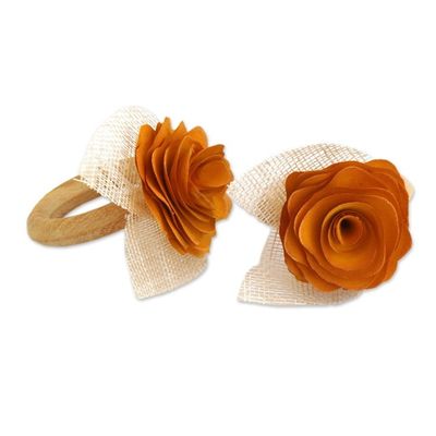 Alternate image for 6 Wood and Natural Fiber Tropicana Floral Napkin Rings Sunset Roses