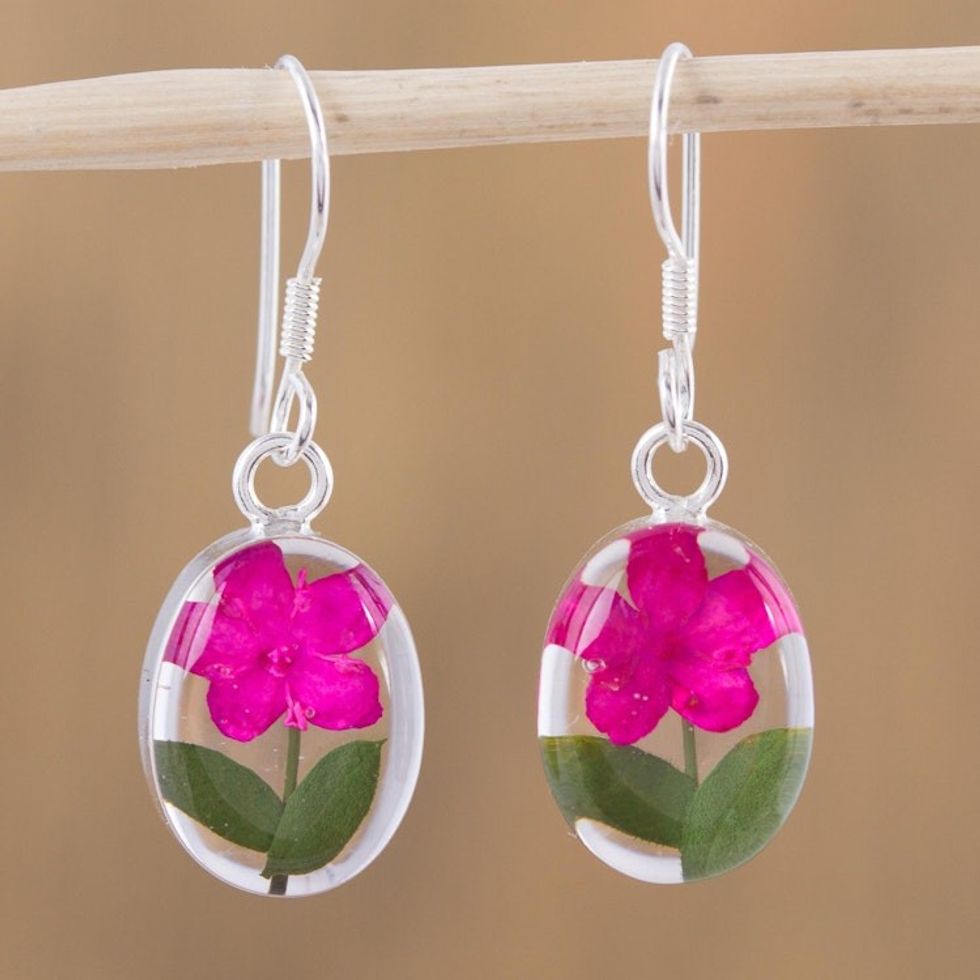 Pink Natural Flower Dangle Earrings from Mexico 'Freshness of Nature'