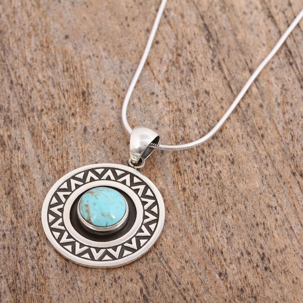 Zigzag Motif Turquoise Pendant Necklace from Mexico 'Zigzag Corona'