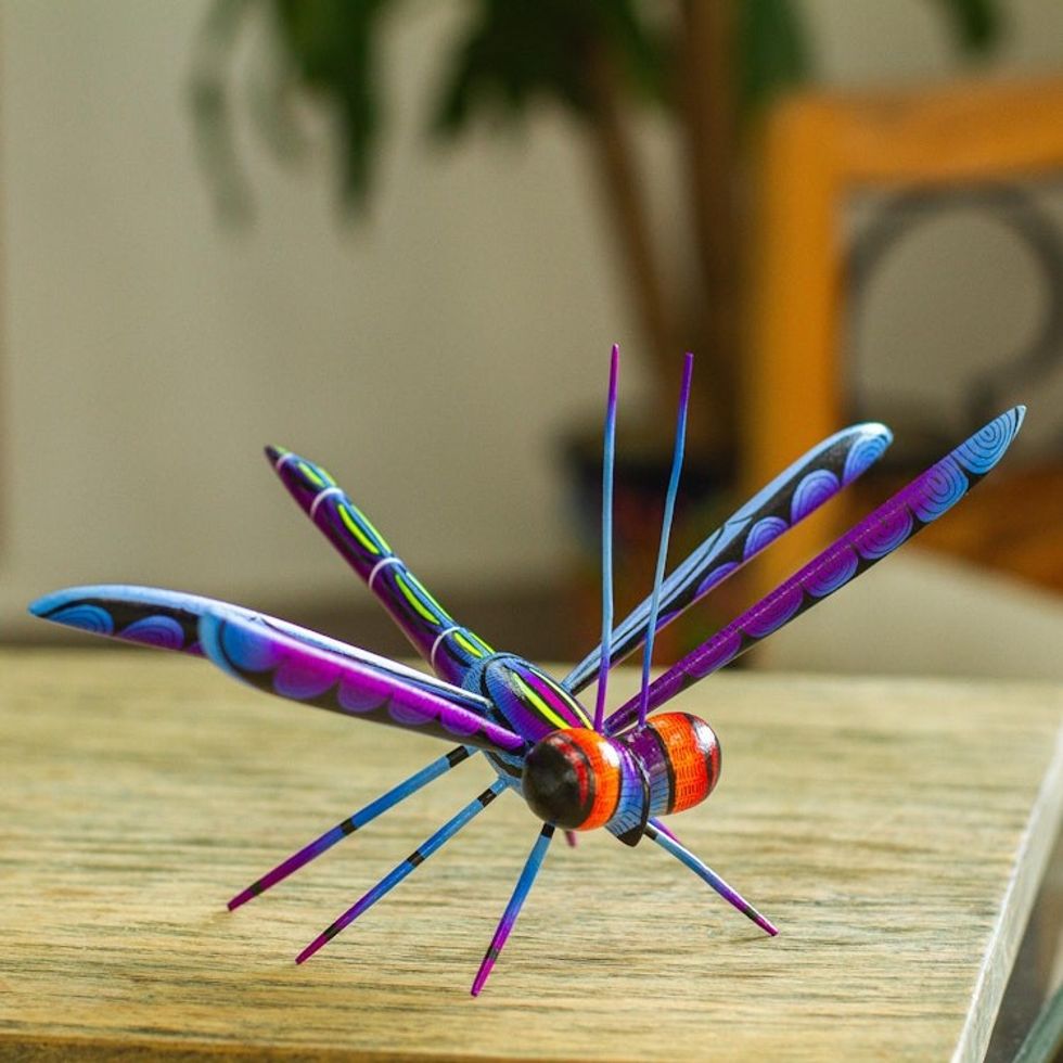 Handcrafted Blue Copal Wood Dragonfly Sculpture from Mexico 'Sweet Freedom in Blue'
