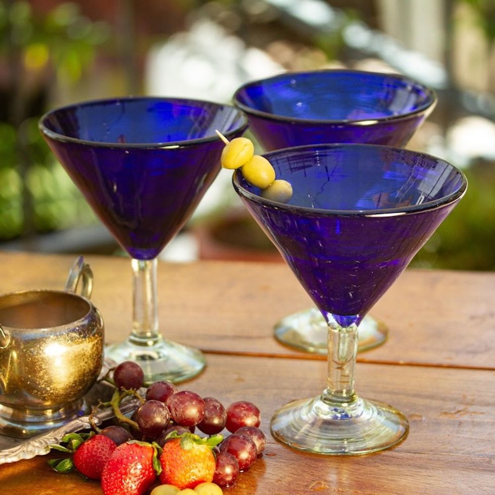 Handblown Glass Recycled Martini Drinkware Set of 6 'Sapphire Blue'