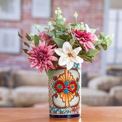 Alternate image for Talavera Style Blue Rim Colorful Floral Motif Ceramic Vase Garden Gift