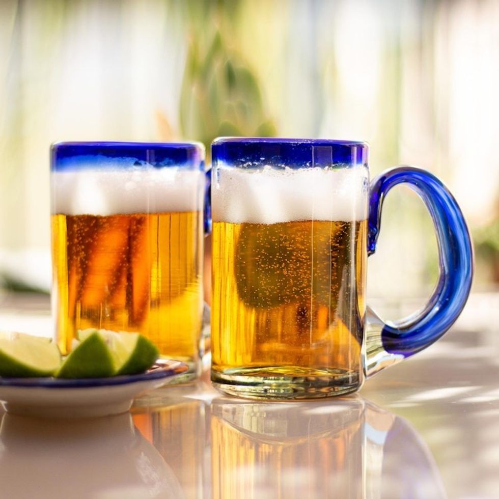 Mexican Beer Glasses with Cobalt Handle and Rim Set of 6 'Cobalt Beer'