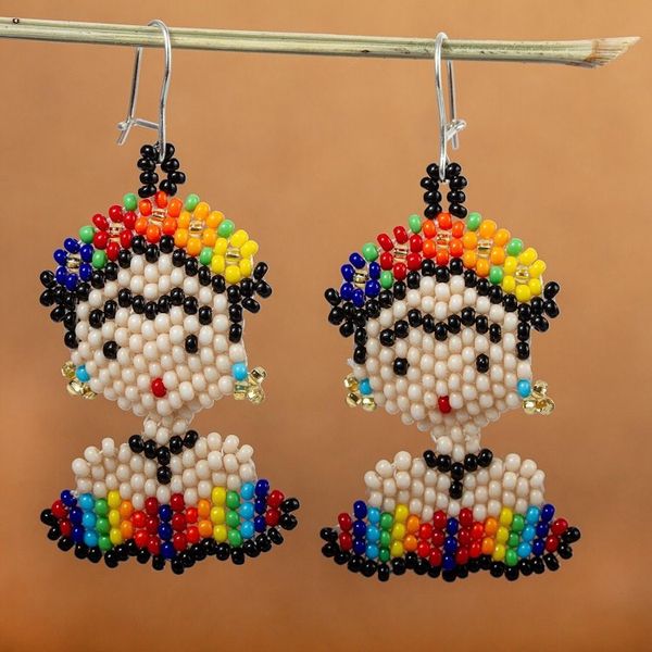 Alternate image for Handmade Multicolored Beaded Frida Earrings Rainbow Frida