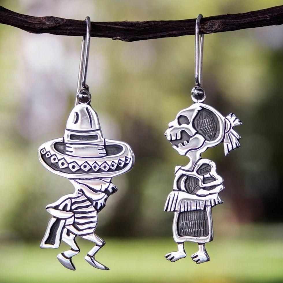 Fair Trade Taxco Silver Day of the Dead Earrings 'Skeletal Hat Dance'