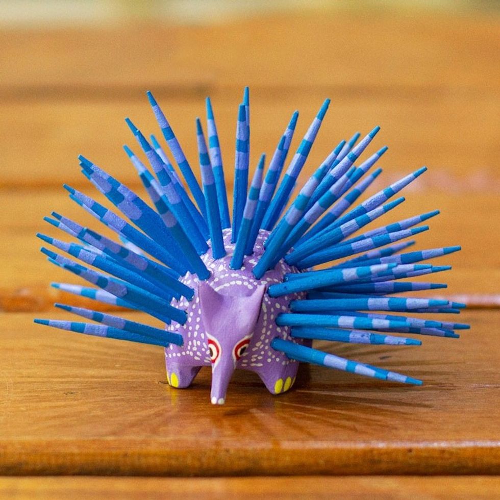 Hand-Painted Wood Alebrije Porcupine Figurine in Lavender 'Cute Porcupine in Lavender'