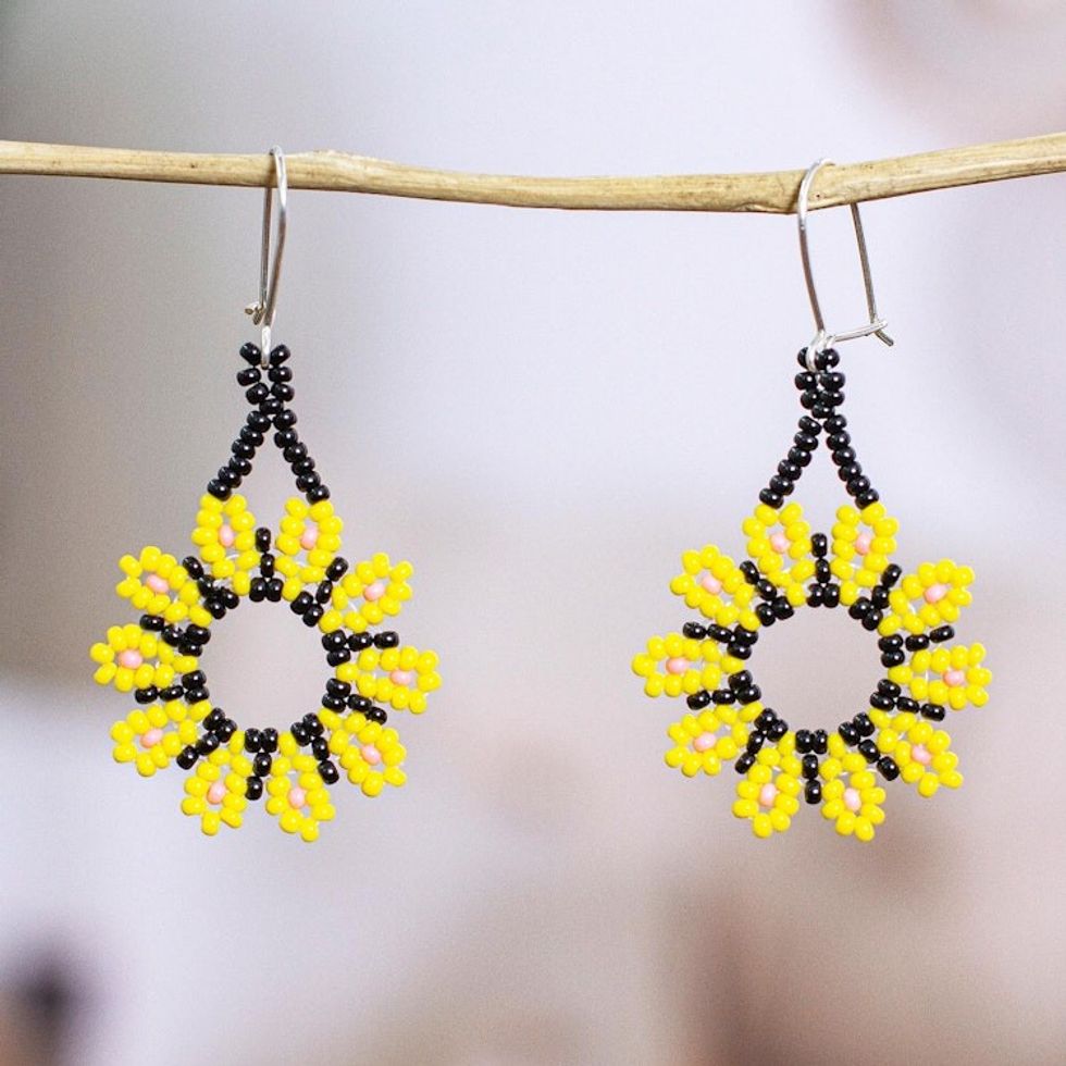 Yellow Floral Beaded Dangle Earrings Handcrafted in Mexico 'Blooming Yellow'