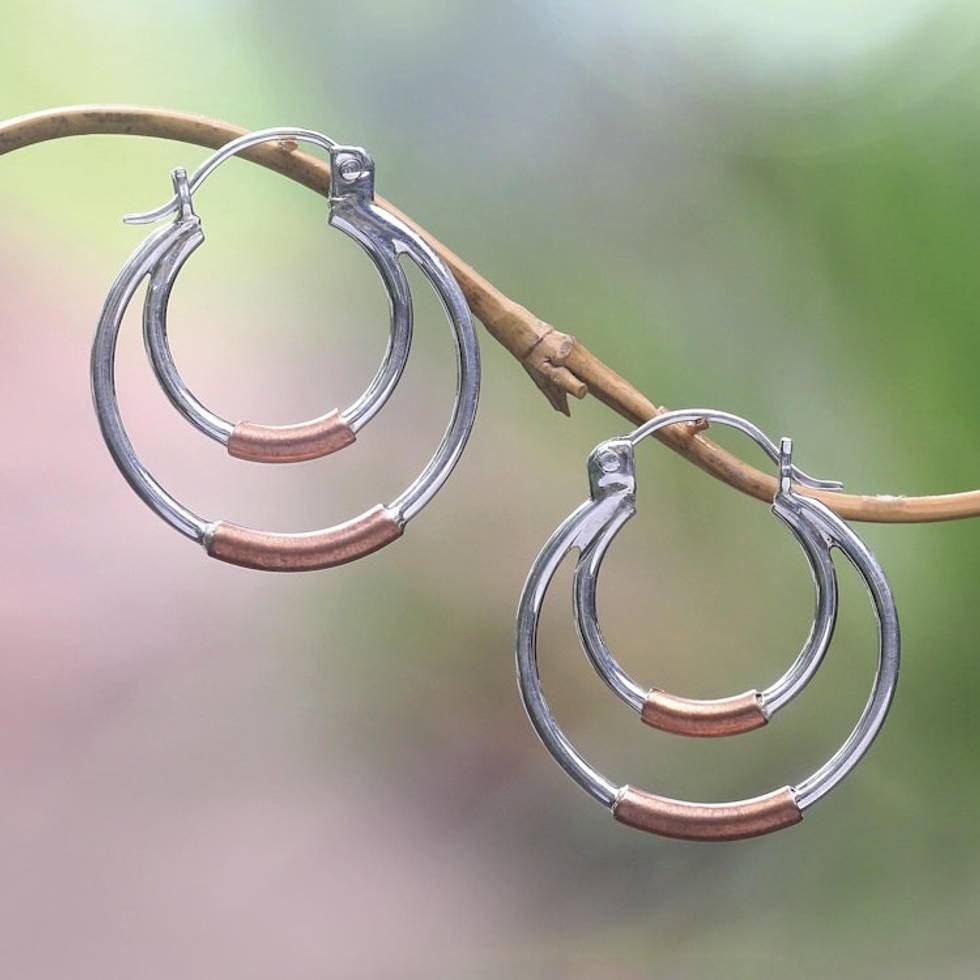 Taxco Silver Hoop Earrings with Copper 'Taxco Orbit'