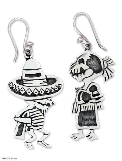 Alternate image for Fair Trade Taxco Silver Day of the Dead Earrings Skeletal Hat Dance