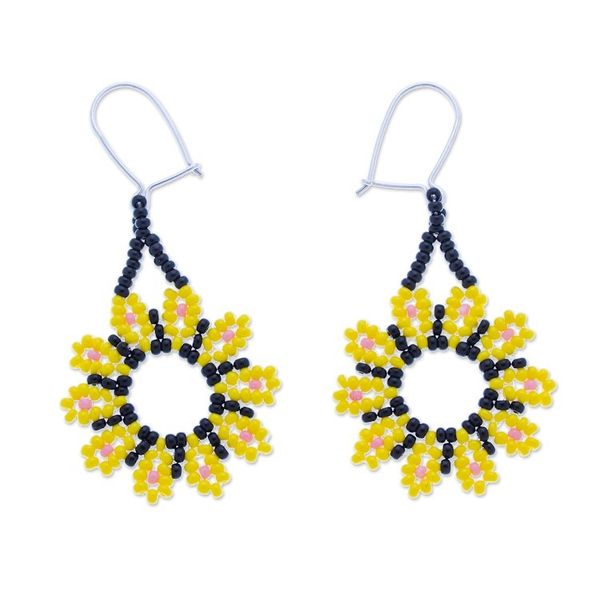 Alternate image for Yellow Floral Beaded Dangle Earrings Handcrafted in Mexico Blooming Yellow