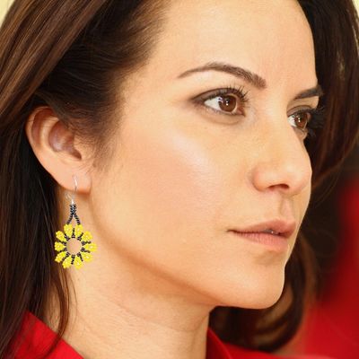 Alternate image for Yellow Floral Beaded Dangle Earrings Handcrafted in Mexico Blooming Yellow