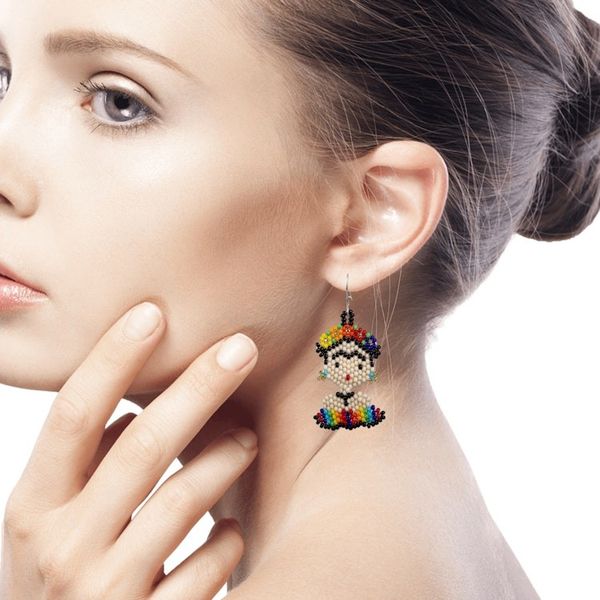 Alternate image for Handmade Multicolored Beaded Frida Earrings Rainbow Frida