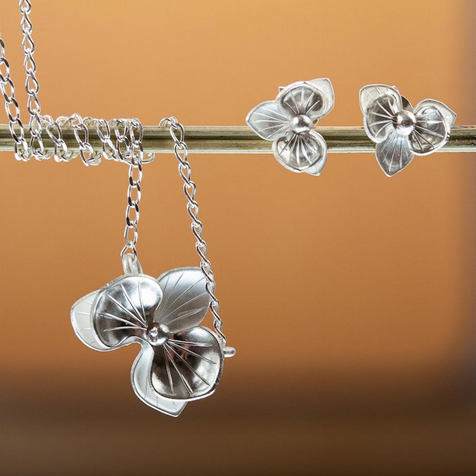 Orchid-Themed Polished Handcrafted Silver Jewelry Set 'Blooming Orchid'