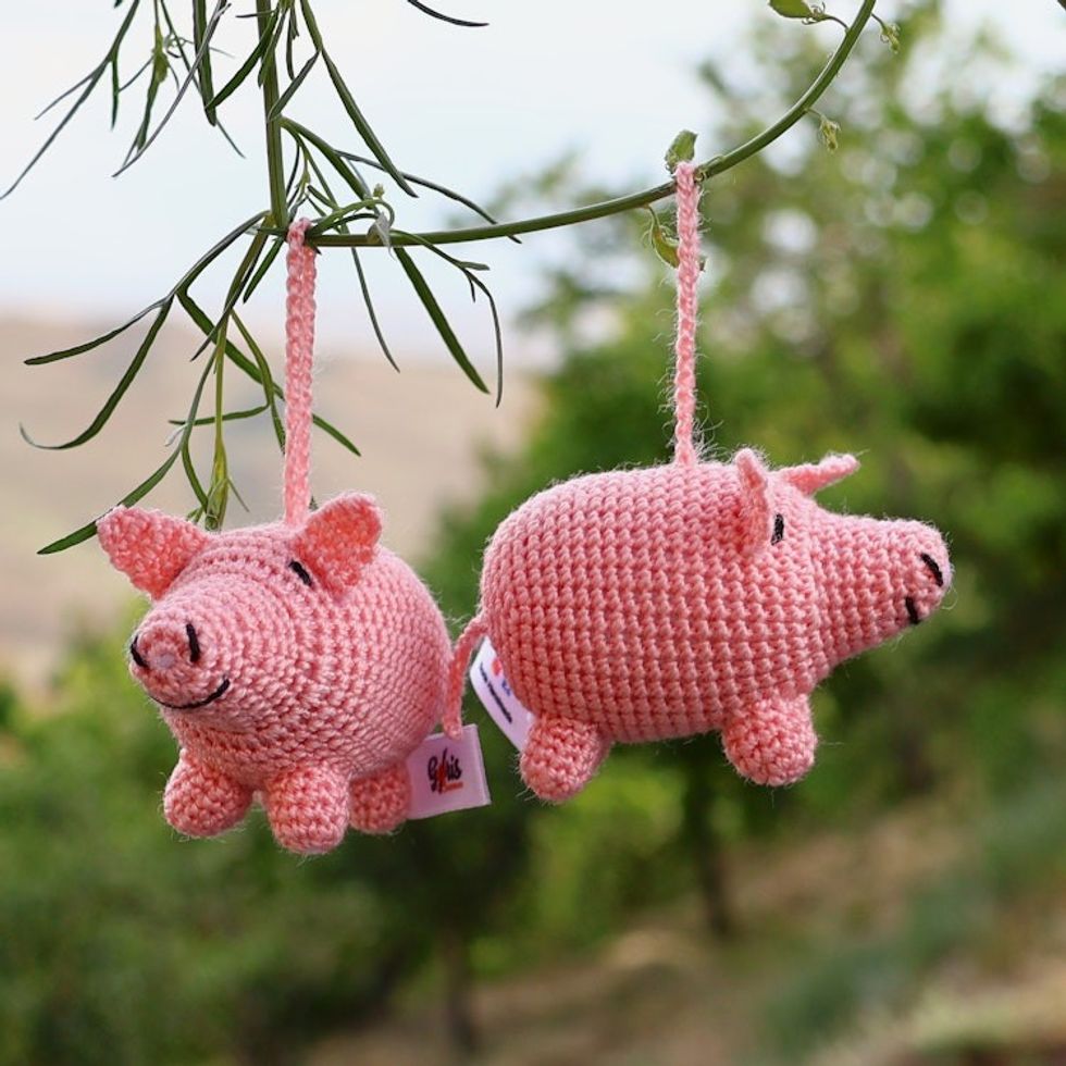 Pair of Pink Acrylic Pig Ornaments Crocheted by Hand 'Piggy Holidays'