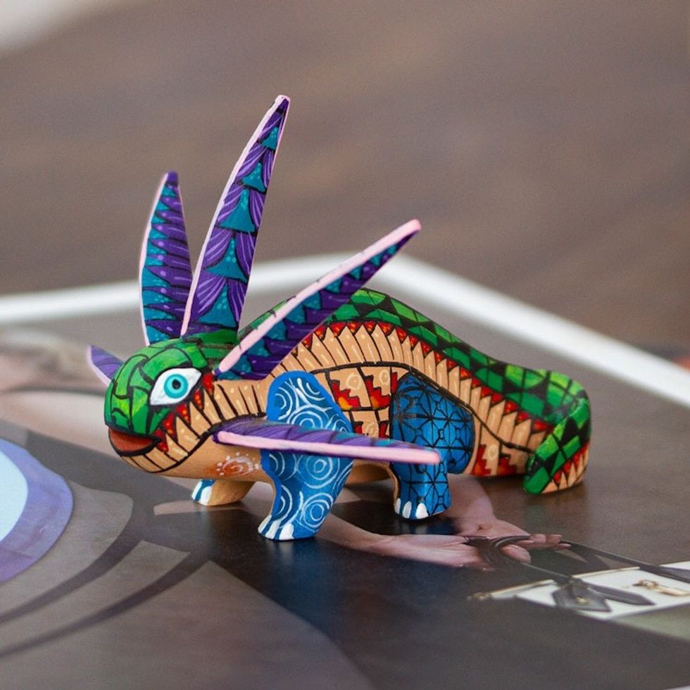 Wood Alebrije Axolotl Figurine Painted in Green and Blue 'Jungle Axolotl'