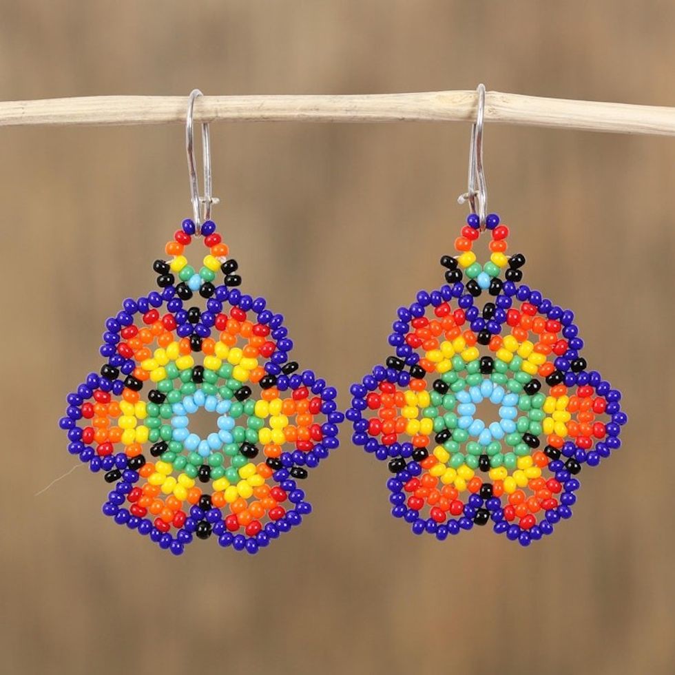 Glass Beaded Floral Dangle Earrings from Mexico 'Floral Colors'