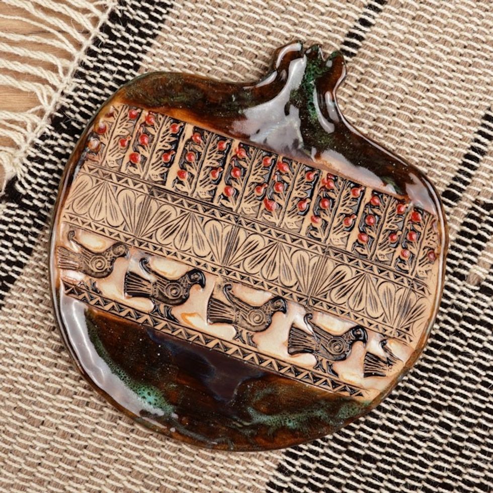 Pomegranate-Shaped Glazed Brown Ceramic Tray with Bird Motif 'Palatial Signs'